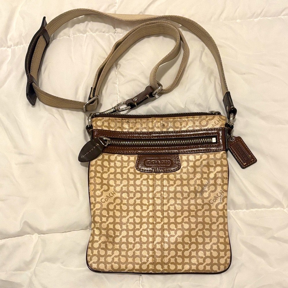 Coach Beige and Dark Brown Signature Crossbody Bag